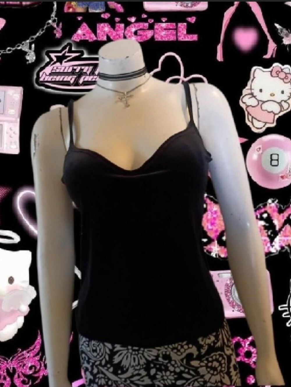 VTG 90s 00s Y2K Energie  Black Velour Cami W/ Padded Built-in Bra Sz L